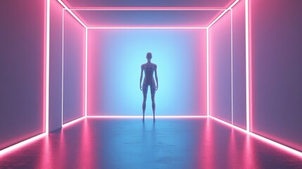 Fototapeta premium A futuristic figure in neon-lit space.