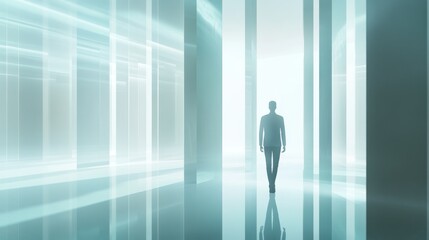 Obraz premium A lone figure in a reflective, ethereal space.