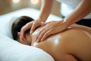 Naklejka premium Relaxing massage therapy session focusing on shoulder and neck areas in a serene wellness center