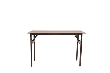 A contemporary table with a rich brown surface and sturdy metal legs, ideal for various settings and purposes with transparent background