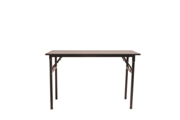 A contemporary table with a rich brown surface and sturdy metal legs, ideal for various settings and purposes with transparent background