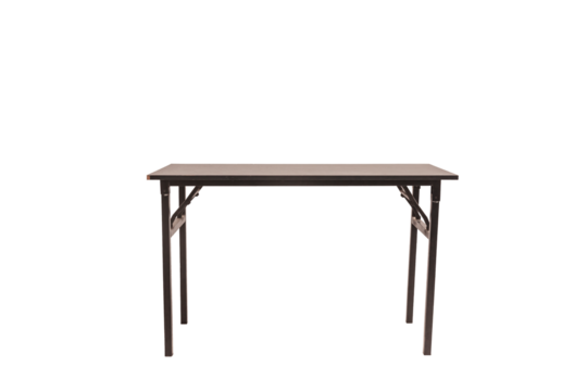 A contemporary table with a rich brown surface and sturdy metal legs, ideal for various settings and purposes with transparent background