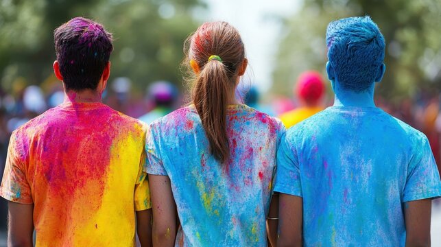 Three diverse young adults colorful powder on backs celebrating Holi festival outdoor vibrant festive event multicultural friends happiness togetherness spring season park trees, casual clothing brig - Powered by Adobe