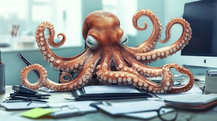An octopus managing multiple tasks at a desk, symbolizing multitasking and work organization.