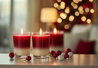 Romantic Christmas Candles with Ornaments: Festive Red and White Scented Candles near Decorated Tree