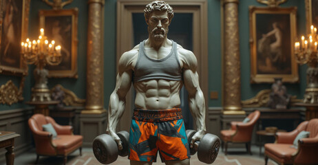 Fototapeta premium Statue of a Greek-inspired muscular figure lifting dumbbells in an ornate room with classical decor, blending fitness and fine art. Suitable for luxury gym branding, art exhibits, or creative marketin