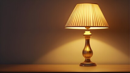 A warm-toned table lamp with a ceramic base and a fabric lampshade in a dimly lit room