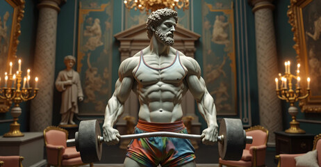 Fototapeta premium Statue of a muscular figure lifting a barbell in a luxurious classical interior with ornate decor, blending fitness with artistic elegance. Ideal for fitness branding, luxury campaigns, or creative ma