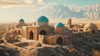 Ancient cityscape with domed structures and mountains, symbolizing historical architecture and civilization.