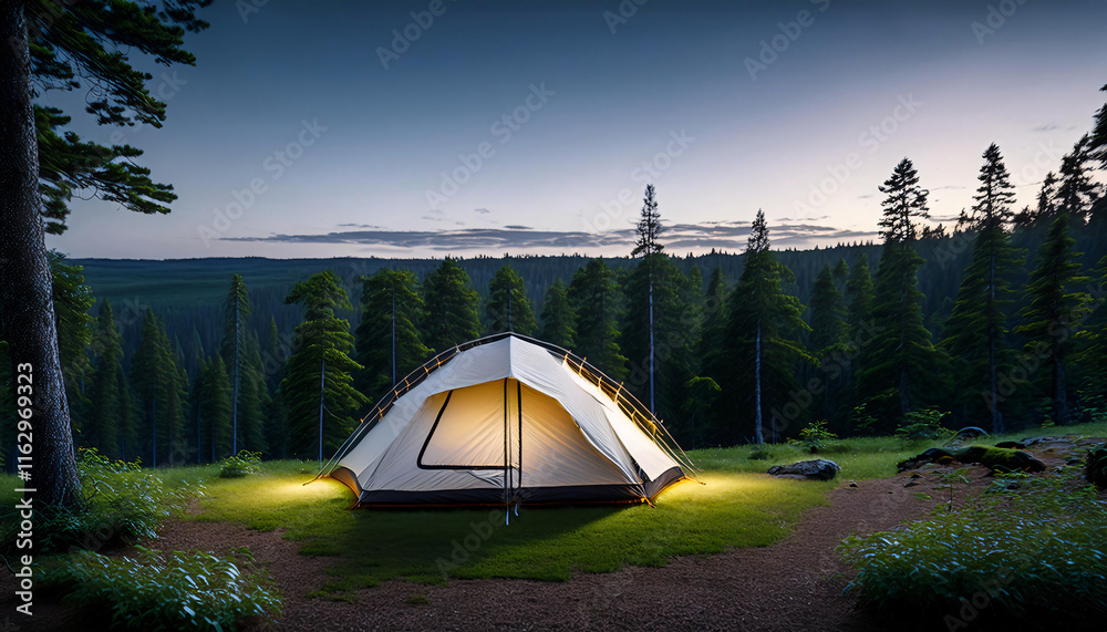 Wall mural camping tent at the bottom of the image in front of a green forest at dusk at the top of the image, 