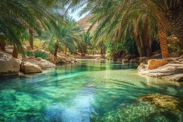 Stunning oasis with clear turquoise water surrounded by palm trees and mountains in a desert landscape during daylight
