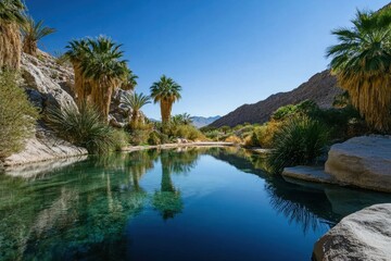 Stunning oasis with clear turquoise water surrounded by palm trees and mountains in a desert landscape during daylight