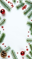 Christmas decorations on a white background with pine branches and red balls, space for text