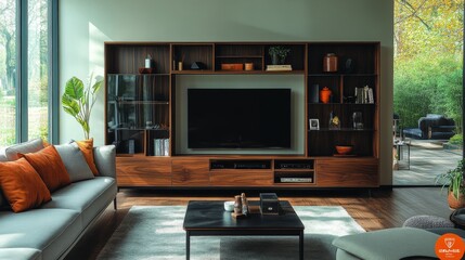 Modern living room design featuring orange and gray furniture with greenery and a large TV