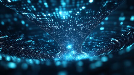 Abstract swirling blue digital vortex with glowing particles, representing data flow or a technological singularity.