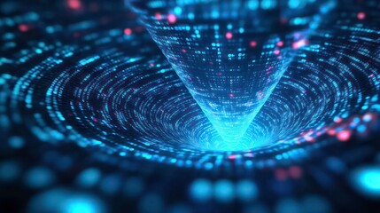 Big data technology and information funnel concept. Large digital funnel with online data as process of data collection, analysis, and transformation into useful information. Modern, digital style.