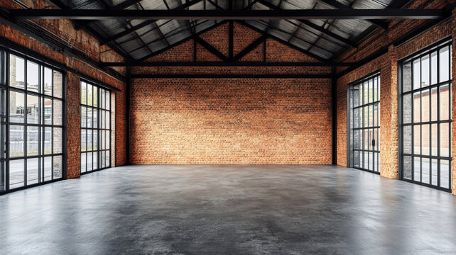 Spacious industrial loft interior with red brick walls, large windows, and concrete floor, modern architectural design.