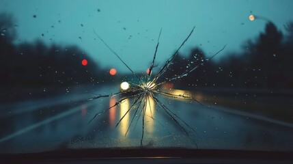 Car windshield with a large crack, symbolizing damage and vulnerability.