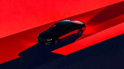 Fototapeta premium Black car speeding through red light intersection, minimalist style
