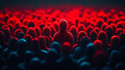 Silhouetted crowd in a concert illuminated by red lights