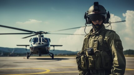 A soldier in tactical gear stands alert on the airfield as a military helicopter prepares for takeoff against a backdrop of blue skies and distant mountains