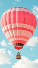 Fototapeta premium Red and white striped hot air balloon floating in blue sky with fluffy clouds, perfect for travel, adventure, outdoor event, summer vacation, leisure activity, scenic landscape, sky exploration light