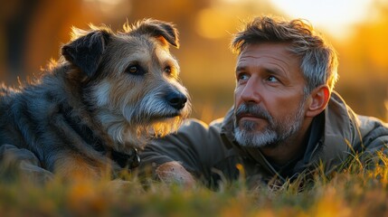 Fototapeta premium Man and dog enjoying a moment of connection during a sunset in a serene outdoor setting