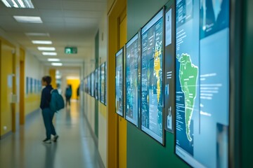 Interactive Digital Posters Showcasing Sustainability Projects in School Corridor