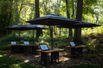 Serene Outdoor Tech Integrated Classroom with Solar Powered Umbrellas and Student Tablets