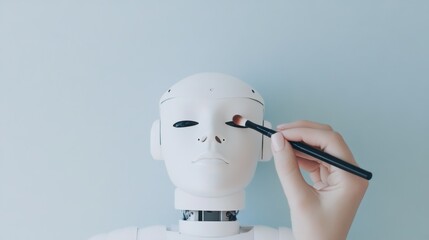 A human hand applies makeup to a robot face with a brush, showcasing the integration of technology and beauty in innovative, futuristic self-care solutions.