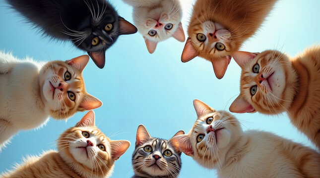 a group of curious cats stand in a circle and look down