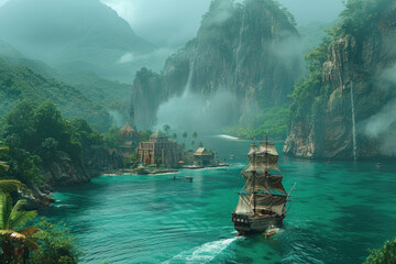fantastic landscape: a sailing ship in the style of the 17th-18th centuries against the backdrop of a tropical bay with picturesque green rocks and a mysterious city in the distance 