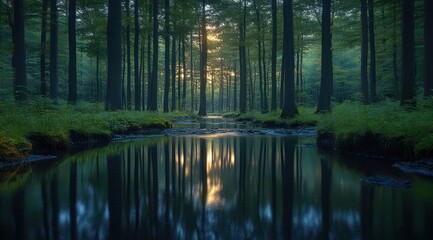Serene sunrise over a tranquil forest stream, reflected in still water.