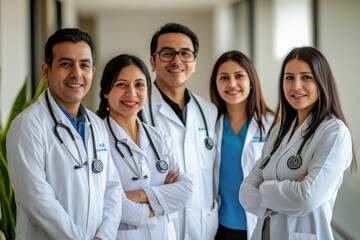 Group of healthcare professionals posing together in a modern medical facility during daytime