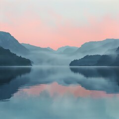 Fototapeta premium A serene lake reflects the misty mountains and pastel sky, creating a tranquil landscape scene at dawn.