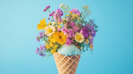 Colorful Flower Bouquet in an Ice Cream Cone Against a Blue Background