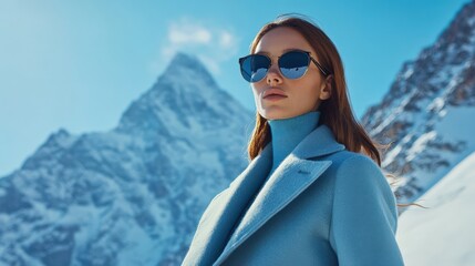 Elegant Woman in Blue Attire Against Majestic Snowy Mountain