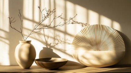 Elegant home decor with minimalistic pottery and shadows from sunlight