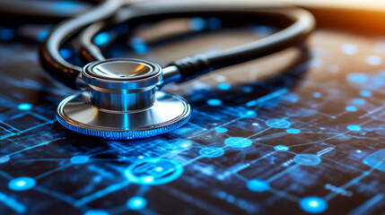 A stethoscope rests on a digital tablet displaying a blue circuit design. Concept is health technology convergence in modern medicine.