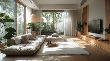 Fototapeta premium Serene Minimalist Living Room With Garden View