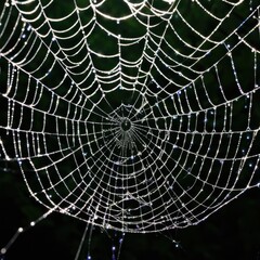 Fototapeta premium A dew-laden spiderweb shimmers in the darkness capturing the intricate beauty of nature's delicate artistry.