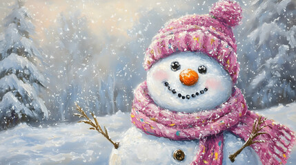 Cheerful snowman wearing a pink knitted hat and scarf, with carrot nose and button eyes, standing in a snowy landscape, evoking joyful winter spirit