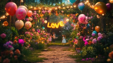 A Magical Pathway of Love and Celebration Surrounded by Colorful Balloons and Flowers