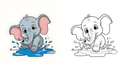 Obraz premium Adorable Baby Elephant Playing in Water – Cartoon Illustration and Coloring Page