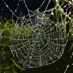 A dew-laden spiderweb shimmers in the darkness capturing the intricate beauty of nature's delicate artistry.
