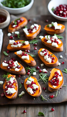 Obraz premium Sweet Potato Crostini with Pomegranate and Feta