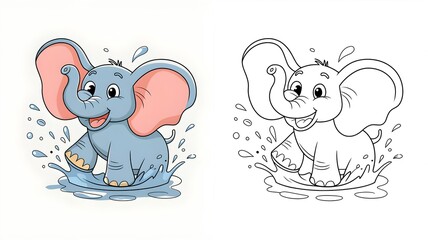 Obraz premium Adorable Baby Elephant Playing in Water – Cartoon Illustration and Coloring Page