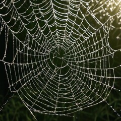 A dew-laden spiderweb shimmers in the darkness capturing the intricate beauty of nature's delicate artistry.