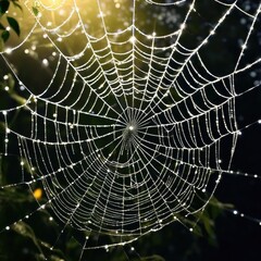 A dew-laden spiderweb shimmers in the darkness capturing the intricate beauty of nature's delicate artistry.