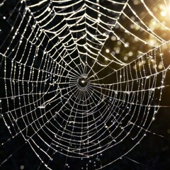 Obraz premium A dew-laden spiderweb shimmers in the darkness capturing the intricate beauty of nature's delicate artistry.